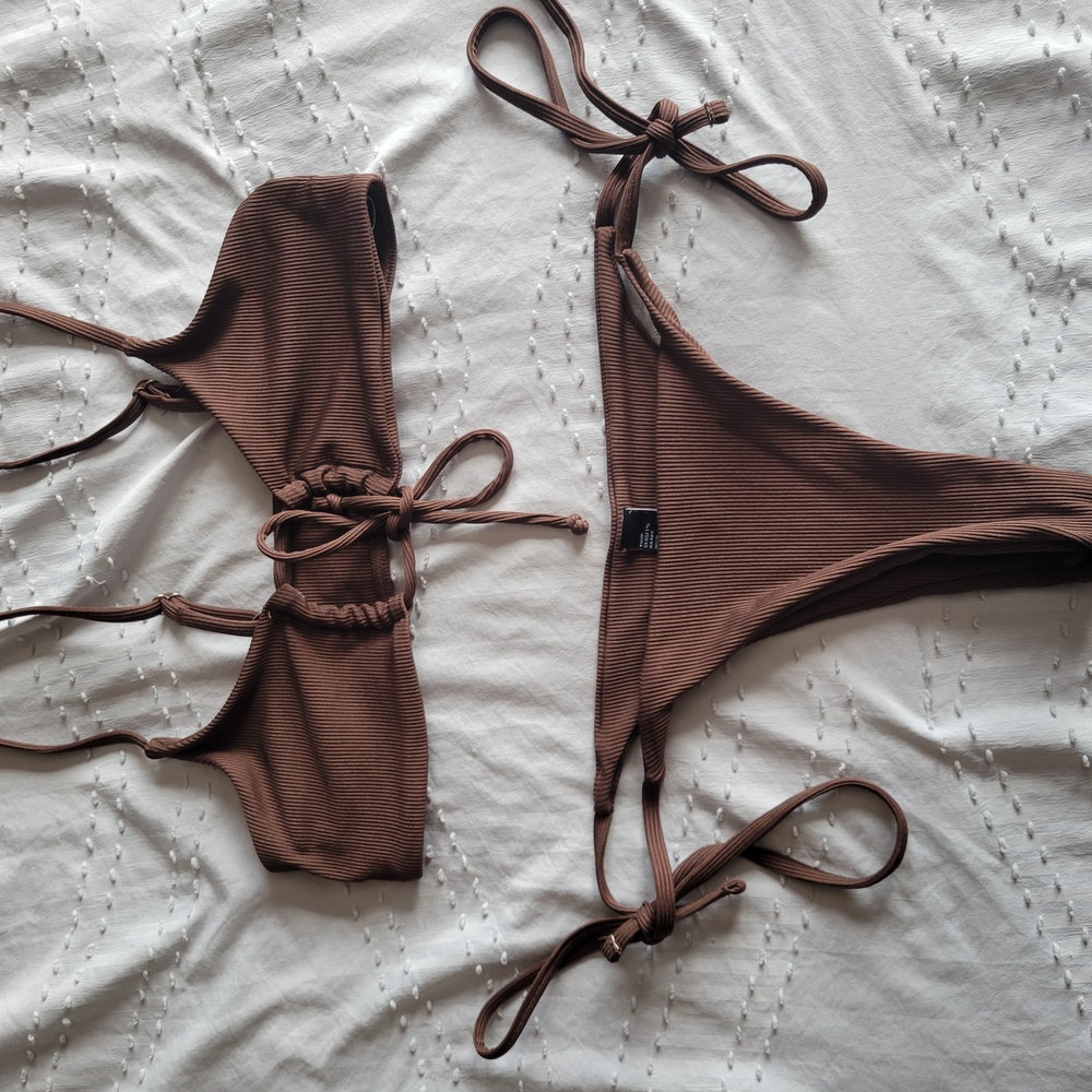 Brown Ribbed Bikini Set